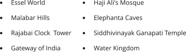 •	Haji Ali's Mosque  •	Elephanta Caves •	Siddhivinayak Ganapati Temple •	Water Kingdom •	Essel World •	Malabar Hills •	Rajabai Clock  Tower •	Gateway of India